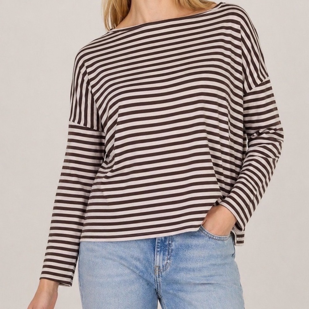Demylee New York Brown Striped Pima Cotton‎ Long Sleeve Top M Preppy luxury